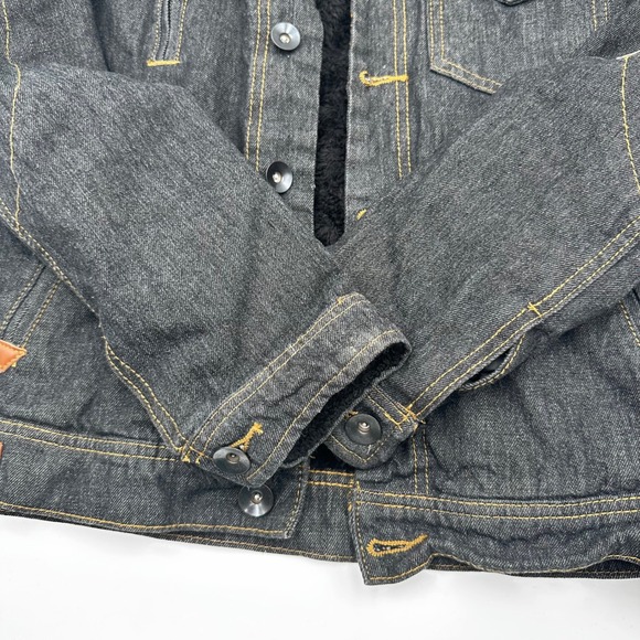 Machine Denim Jacket Mens Medium Black Distressed Faux Fur Lined Winter - Picture 5 of 11